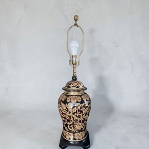 Vintage Chinoiserie Ginger Jar Table Lamp Black Gold Floral Greek Key 29 inch